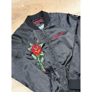 Ed Hardy XS VTG Black Satin Bomber Jacket Embroidered Rose Skull